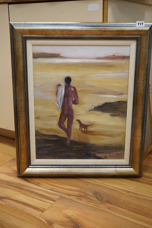Yankel Feather (1920-2009), oil on canvas, 'Man and dog on beach', signed, inscribed verso with booklet on the artist, oil on canvas, 49 x 39cm